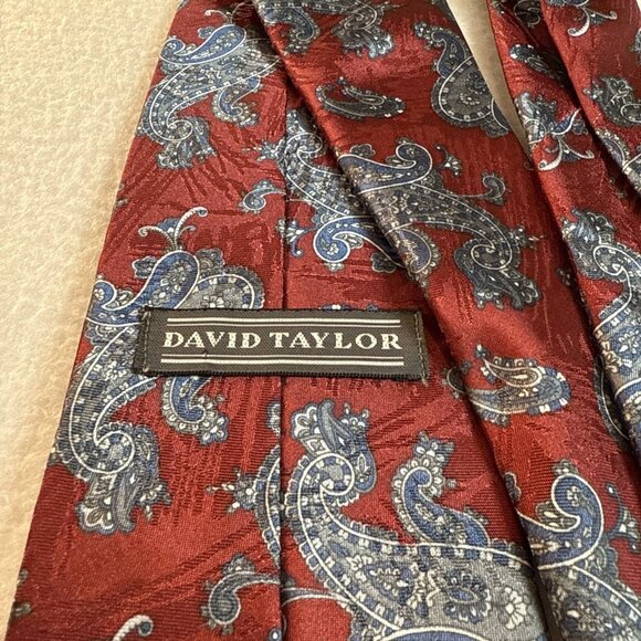 David Taylor Tie Necktie 58" x 4" Maroon Base With Blue Grey Paisley - Picture 5 of 8